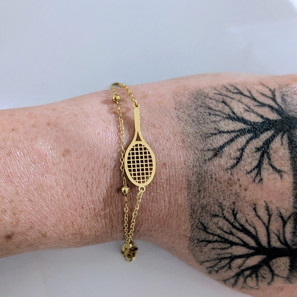 Double Chain Tennis Racket Gold Bracelet - Picture 2 of 5